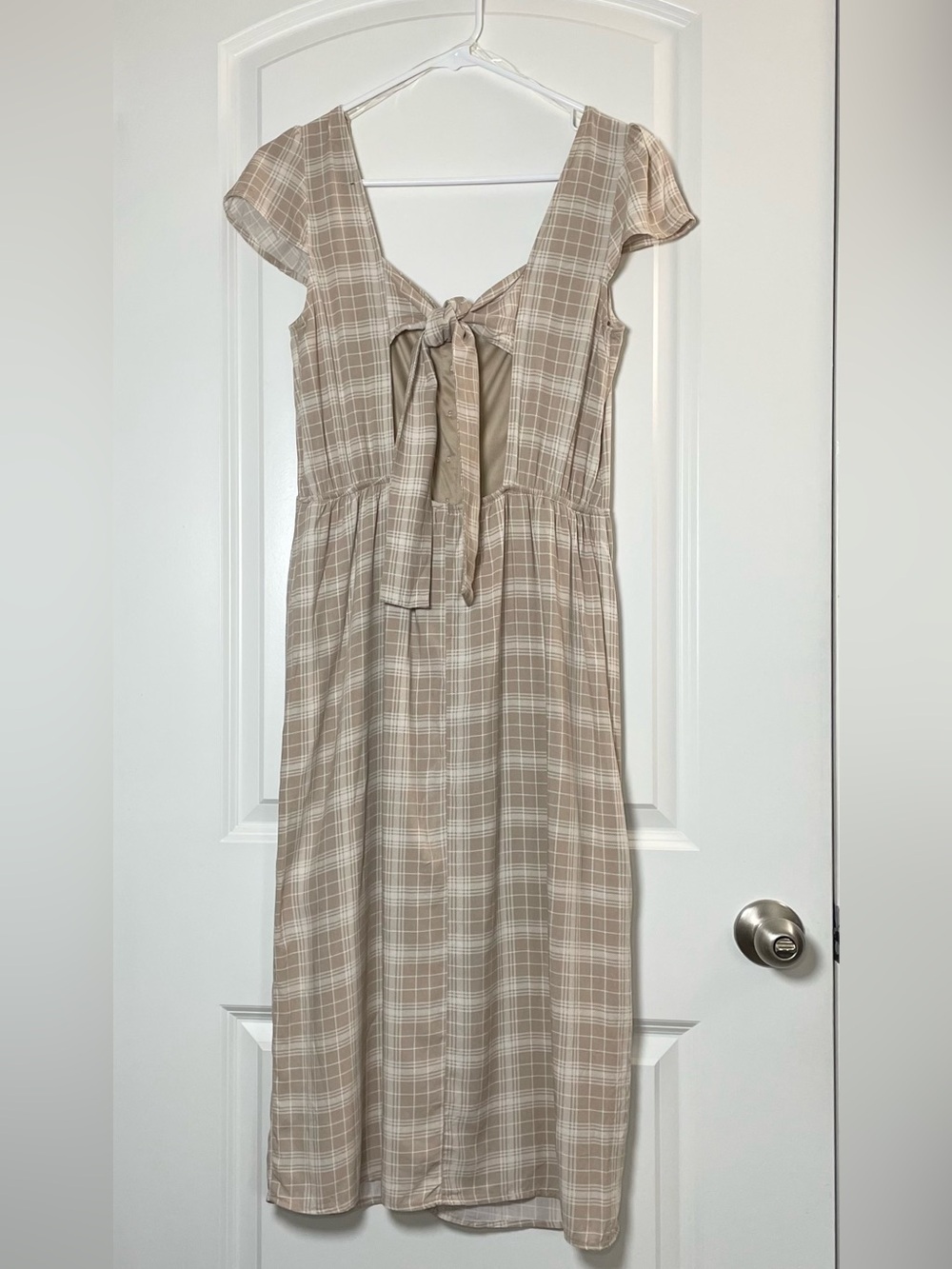 Trixxi Beige Plaid Midi Dress Women’s Medium Open Back Tie Cottagecore - Picture 5 of 13